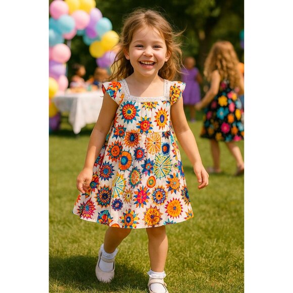 Floral Princess Toddler Girl Dress 4 Bohemia Button Lace Sleeveless Sunflower - Picture 1 of 7